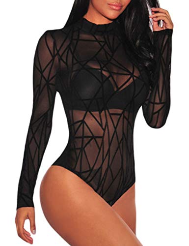 MAYFASEY Damen Langarm Mesh Bodysuit Oberteile Sexy Trikot Top Jumpsuit, Schwarz, M von MAYFASEY