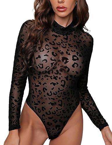 MAYFASEY Damen Leopard Bedruckt Transparentes Mesh Bodys Langarm Durchsichtiger Body Trikot Clubwear Tops, Schwarz, XL von MAYFASEY