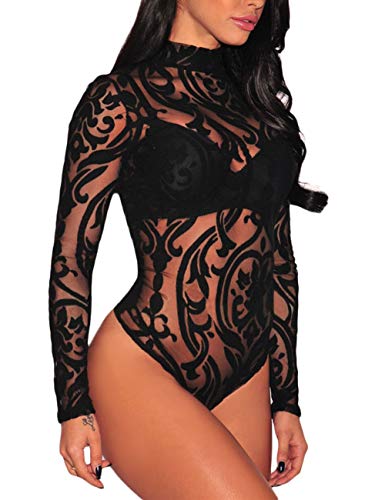 MAYFASEY Damen Mesh Body Tops Sexy Langarm Jumpsuit Durchsichtiger Body, Schwarz, L von MAYFASEY