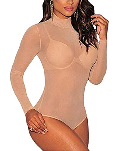 MAYFASEY Damen Mesh Bodys Langarm Rollkragen Sexy Trikot Top Jumpsuit, Nackt, L von MAYFASEY