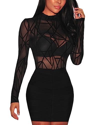 MAYFASEY Damen Mock Neck Langarm Durchsichtige Mesh Tops See Through T-Shirts Tops, Schwarz, L von MAYFASEY