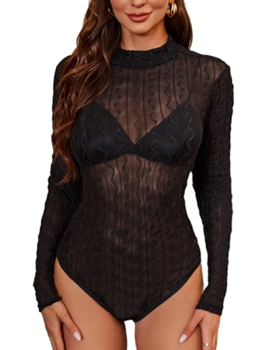 MAYFASEY Damen Mock Neck Langarm Mesh Transparenter Body Stretch Trikot Bodysuit Tops, Schwarz, L von MAYFASEY