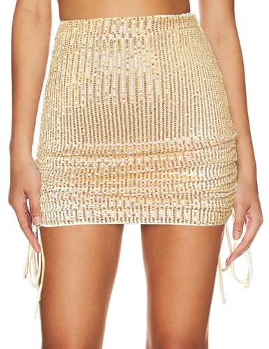 MAYFASEY Damen Paillettenrock Glitzernder Glitzer Bodycon Miniröcke Seitlicher Kordelzug Rüschen Mini-Bleistift Kurzer Rock, Gold, L von MAYFASEY