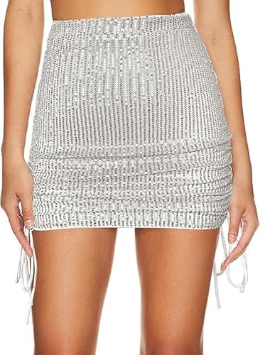 MAYFASEY Damen Paillettenrock Glitzernder Glitzer Bodycon Miniröcke Seitlicher Kordelzug Rüschen Mini-Bleistift Kurzer Rock, Silber, XL von MAYFASEY