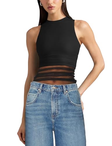 MAYFASEY Damen Rundhalsausschnitt ärmellos See Through Sheer Mesh Tank Crop Top, Schwarz, S von MAYFASEY