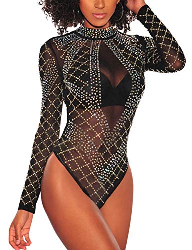 MAYFASEY Damen Sexy Mesh Langarm Strass Trikot Top Jumpsuits Clubwear Body, Schwarz, M von MAYFASEY