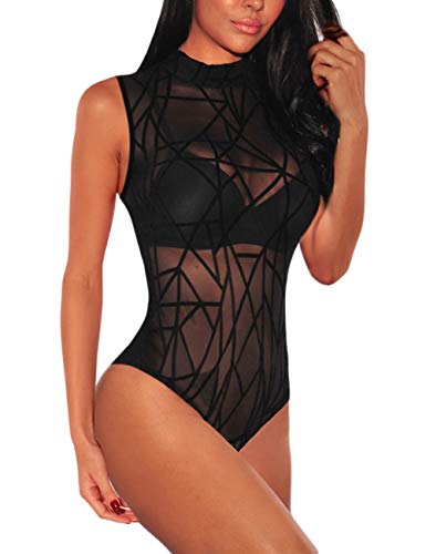 MAYFASEY Damen Sexy Sheer Mesh Body Ärmellos Durchsichtige Going Out Bodys, Schwarz, M von MAYFASEY