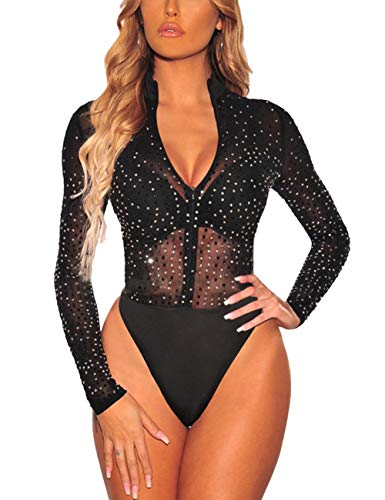 MAYFASEY Damen Sexy Strass Body V Ausschnitt Langarm Jumpsuit Trikot Top, Schwarz, S von MAYFASEY