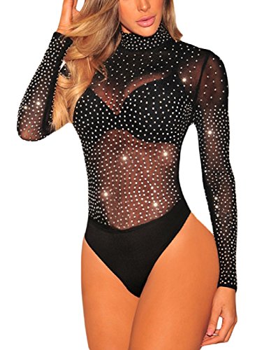 MAYFASEY Damen Sexy Strass Mesh Bodys Langarm Trikot Top Jumpsuits, Schwarz, XXL von MAYFASEY