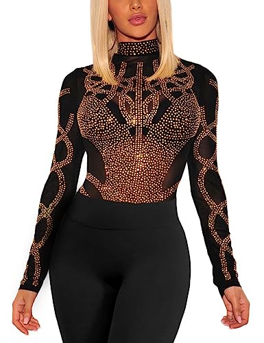 MAYFASEY Damen Sexy Strass Mesh Langarm Rollkragen Tops Slim Fit Bluse Shirt, Schwarz, S von MAYFASEY