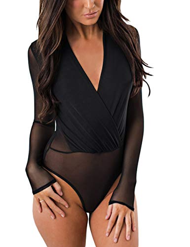 MAYFASEY Damen Sexy V Ausschnitt Mesh Body Langarm Transparentes Trikot Jumpsuit Top, Schwarz, L von MAYFASEY