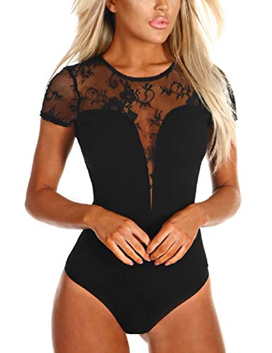 MAYFASEY Damen Spitze Body Kurzarm Durchsichtiges Party Club Trikot Top, Schwarz, L von MAYFASEY