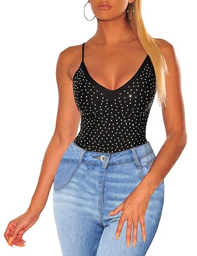 MAYFASEY Damen Strass Ärmellos Durchsichtige Tops Sexy V Hals Mesh Bluse T-Shirt, Schwarz, M von MAYFASEY