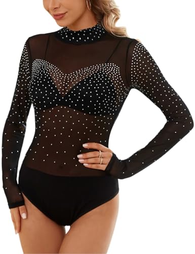 MAYFASEY Damen Strass Bodys Langärmelige Sheer Mesh Stretchy Bodys, Schwarz, M von MAYFASEY