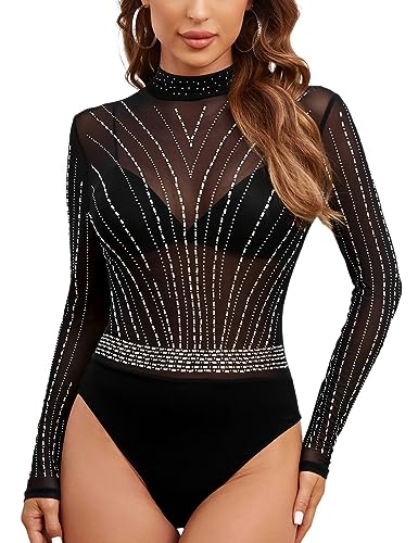 MAYFASEY Damen Strass Langarm Mesh Transparenter Body Mock Neck Bodys Rave Outfits, Schwarz, M von MAYFASEY