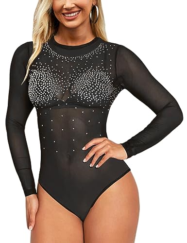 MAYFASEY Damen Strass Langarm Stretch Mesh Bodys Durchsichtiger Body, Schwarz, L von MAYFASEY