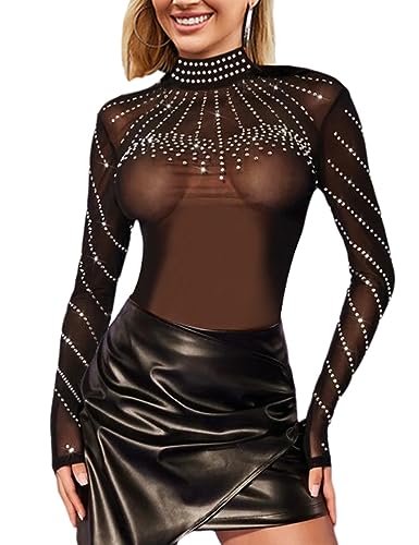 MAYFASEY Damen Strass Mesh Bodys Langarm Transparente Bodys Tops, Schwarz, L von MAYFASEY