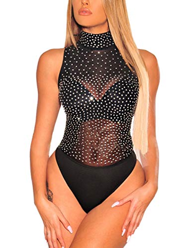 MAYFASEY Damen Strass ärmelloser Body Sexy Stehkragen Trikot Jumpsuit Tops, Schwarz, L von MAYFASEY