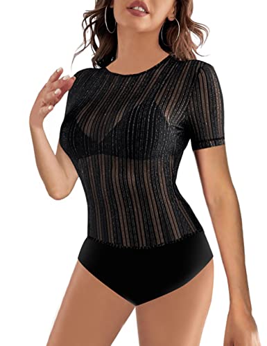 MAYFASEY Damen Transparente Mesh Langarm Bodys Durchsichtiger Body Clubwear, Schwarz, L von MAYFASEY