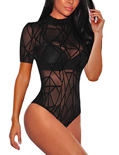 MAYFASEY Damen Transparenter Mesh Body Damen Kurzarm Stretch Trikotoberteil, Schwarz, L von MAYFASEY