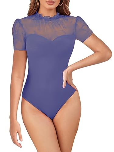 MAYFASEY Spitzen Body Damen Spitzenbody Sexy Kurzarm Spitze Mesh Bodysuits Mock Ausschnitt Elegant Durchsichtige Tops, Hellblau, M von MAYFASEY