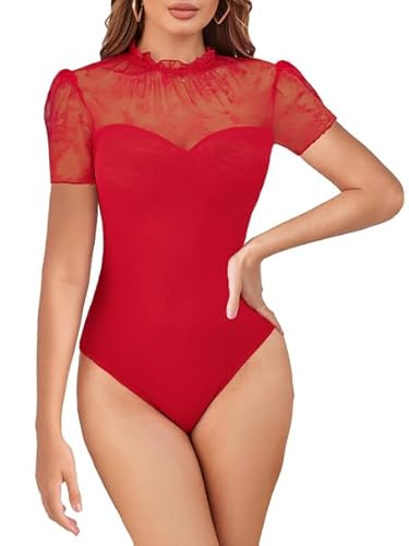 MAYFASEY Spitzenbody für Damen Sexy Kurze Ärmel Spitze Mesh Bodysuits Mock Ausschnitt Elegant Durchsichtige Tops, Rot, XXL MAYFASEY Spitzenbody für Damen Sexy Kurze Ärmel Spitze Mesh Bodysuits Mock Ausschnitt Elegant Durchsichtige Tops, Rot, XXL von MAYFASEY