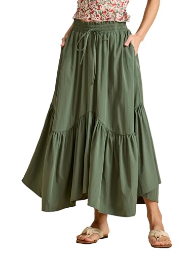 Rock Damen Mittelalter Renaissance Rock Asymmetrisch Maxirock Elastische Taille Rüschen Midirock mit Taschen, Armeegrün, S von MAYFASEY