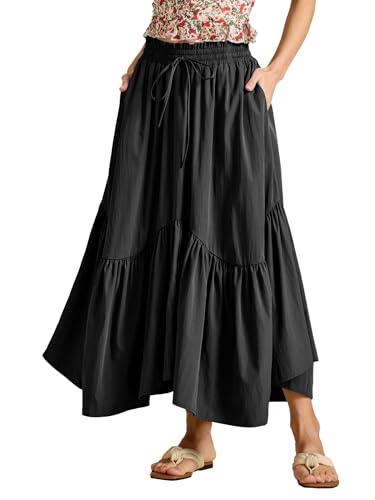 Rock Damen Mittelalter Renaissance Rock Asymmetrisch Maxirock Elastische Taille Rüschen Midirock mit Taschen, Schwarz, L von MAYFASEY