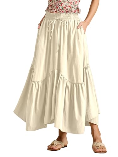 Rock Damen Sommer Maxiröcke A-Linie Elastische Hoch Taille Midirock Freizeitrock Fließender Rock mit Taschen, Beige, L von MAYFASEY