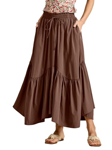 Rock Damen Sommer Maxiröcke A-Linie Elastische Hoch Taille Midirock Freizeitrock Fließender Rock mit Taschen, Braun, L von MAYFASEY