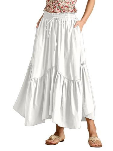Rock Damen Sommer Maxiröcke A-Linie Elastische Hoch Taille Midirock Freizeitrock Fließender Rock mit Taschen, Weiß, L von MAYFASEY