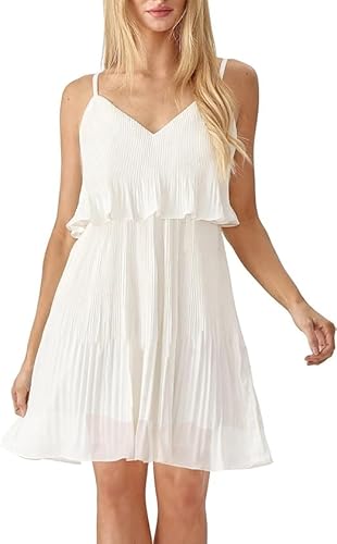 Sommerkleid Damen Chiffon V-Ausschnitt Ärmellos Swing Kleid Spagettiträgern Trägerkleid Strandkleid für Ausgehen Urlaub, Weiß, XL von MAYFASEY