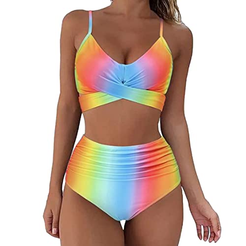 MAYILI Bikini Bikini-Sets für Damen Bauchweg Badebekleidung Zweiteiliger Badeanzug Crossover V-Ausschnitt Push Up Oberteil mit Slip Regenbogen Muster Hoher Taille Sommer Strand Set, M, Multicolor von MAYILI