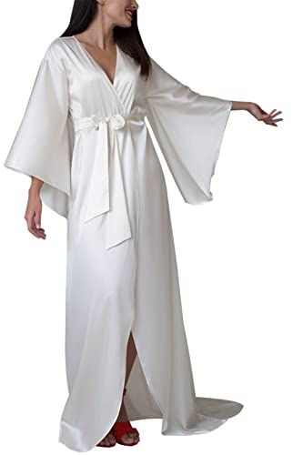 MAYILNSIN Damen Satin Kimono Robe Lang Brautjungfer Bademantel Seidig Morgenmantel für Hochzeit Party Pyjama Party, weiß, 46 von MAYILNSIN