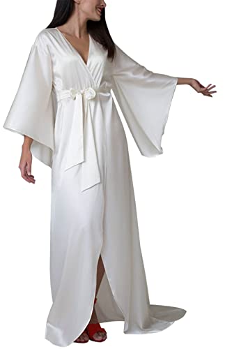 MAYILNSIN Damen Satin Kimono Robe Lang Brautjungfer Bademantel Seidig Morgenmantel für Hochzeit Party Pyjama Party, weiß, 52 von MAYILNSIN