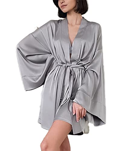 MAYILNSIN Damen Satin Robe Seide Nachthemd Hochzeit Party Loungewear Kurz Nachtwäsche Flitterwochen Morgenmantel, grau, 38 von MAYILNSIN