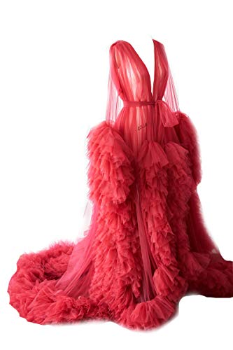 MAYILNSIN Damen Sexy Illusion Lange Dessous Puffy Tüll Robe Nachthemd Bademantel Sheer für Mutterschaft Fotoshooting, rot, 36 von MAYILNSIN