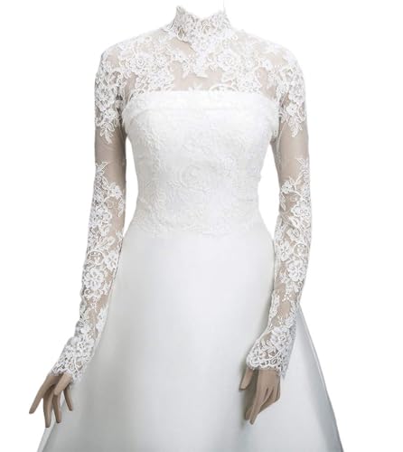 MAYILNSIN Damen Spitze Braut Shrug Langarm High Neck Blumenmuster Brautjacke Weiß Elfenbein für Abendparty, weiß, 40 von MAYILNSIN