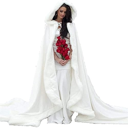 MAYILNSIN Langer Samtumhang Brautumhang Hochzeit Braut Kapuze Kunstpelz Poncho Mantel Warm Winter Halloween Weihnachten Cosplay Kostüm, weiß, 38 von MAYILNSIN