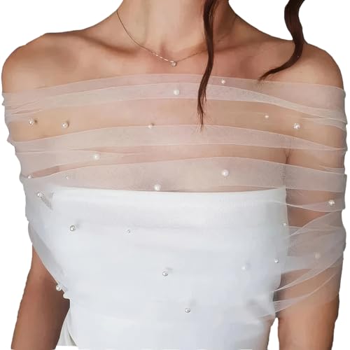 MAYJOYDIY Perlen Brautschal Hochzeitsumhang 92cm Weißer Tüllschal Abnehmbarer Perlenumhang Kurzes Hochzeitstuch Light Für Braut Brautjungfer Brautkleid Accessoires von MAYJOYDIY