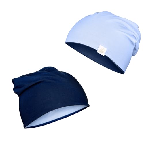 MayLily - Bambus Baby Mütze - Doppelseitige Beanie - Hergestellt in EU – Handgefertigt – Antibakteriell und Hautfreundlich – Atmungsaktiv für Sommer und Winter - Größe 36-50, Marine-hellblau von MayLily