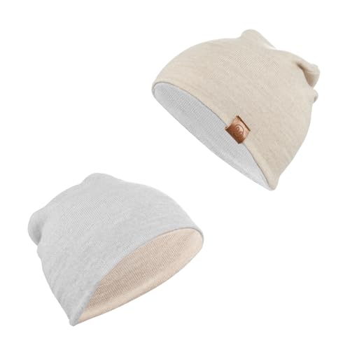 MAYLILY Merino Baby mütze - Doppelseitige Beanie aus 100% merinowolle - Hergestellt in EU – Handgefertigt – Hypoallergen – Temperaturregulierend für Sommer und Winter - Größe 42-52, hellgrau - beige von MAYLILY
