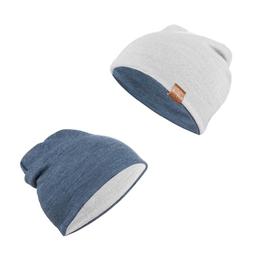 MAYLILY Merino Baby mütze - Doppelseitige Beanie aus 100% merinowolle - Hergestellt in EU – Handgefertigt – Hypoallergen – Temperaturregulierend für Sommer und Winter - Größe 44-56, hellgrau - Jeans von MAYLILY