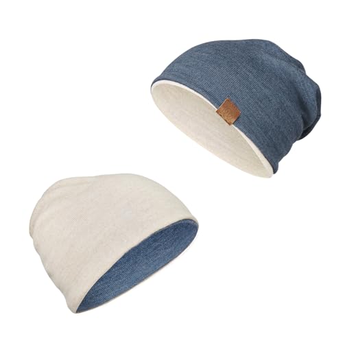 MAYLILY Merino Baby mütze - Doppelseitige Beanie aus 100% merinowolle - Hergestellt in EU – Handgefertigt – Hypoallergen – Temperaturregulierend für Sommer und Winter - Größe 46-58, Jeans - beige von MAYLILY