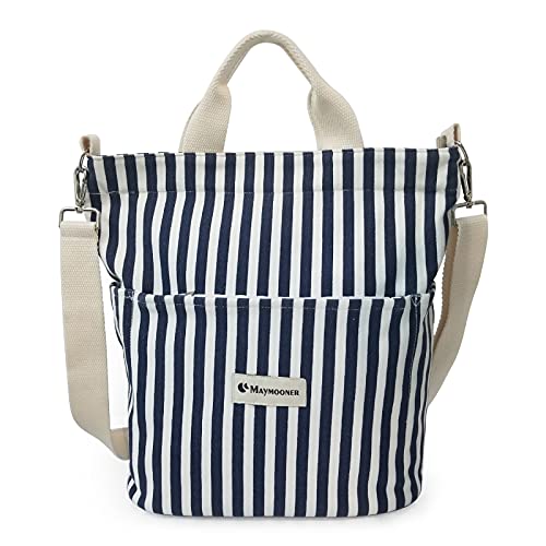 MAYMOONER Streifen Canvas Bag Damen Große Umhängetaschen Lässige Schulter Tote Handtaschen Blau von MAYMOONER