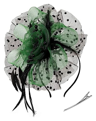 Fascinator-Stirnband, Tea-Party-Hüte, königlicher Hochzeitshut, Federnetz-Haarspange, Cocktail-Hochzeit, Party, Kirche, Kopfbedeckung (Color : Black green, Size : 1) von MAYNUO