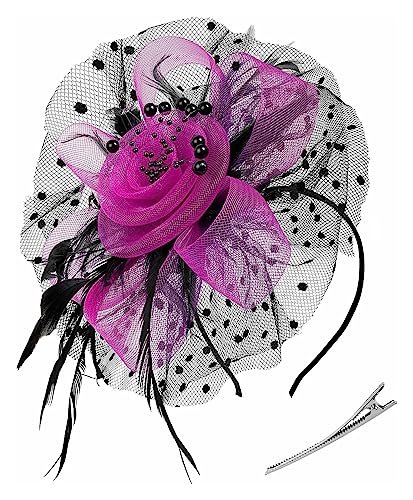 Fascinator-Stirnband, Tea-Party-Hüte, königlicher Hochzeitshut, Federnetz-Haarspange, Cocktail-Hochzeit, Party, Kirche, Kopfbedeckung (Color : Black rose red, Size : 1) von MAYNUO