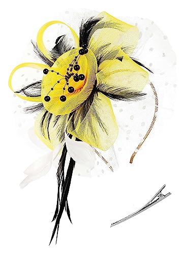 Fascinator-Stirnband, Tea-Party-Hüte, königlicher Hochzeitshut, Federnetz-Haarspange, Cocktail-Hochzeit, Party, Kirche, Kopfbedeckung (Color : Black yellow white, Size : 1) von MAYNUO