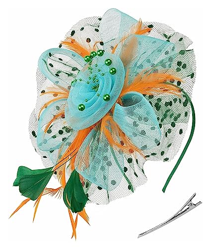 Fascinator-Stirnband, Tea-Party-Hüte, königlicher Hochzeitshut, Federnetz-Haarspange, Cocktail-Hochzeit, Party, Kirche, Kopfbedeckung (Color : Green blue orange, Size : 1) von MAYNUO