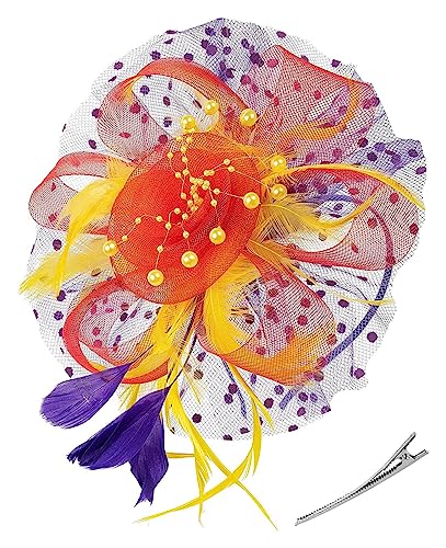 Fascinator-Stirnband, Tea-Party-Hüte, königlicher Hochzeitshut, Federnetz-Haarspange, Cocktail-Hochzeit, Party, Kirche, Kopfbedeckung (Color : Yellow red purple, Size : 1) von MAYNUO